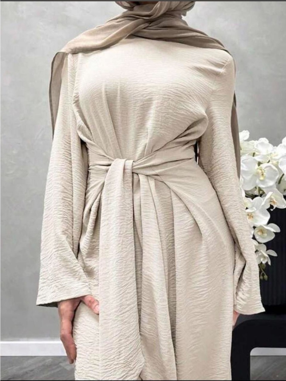 Elegant Cream Modest Tie-Waist Dress